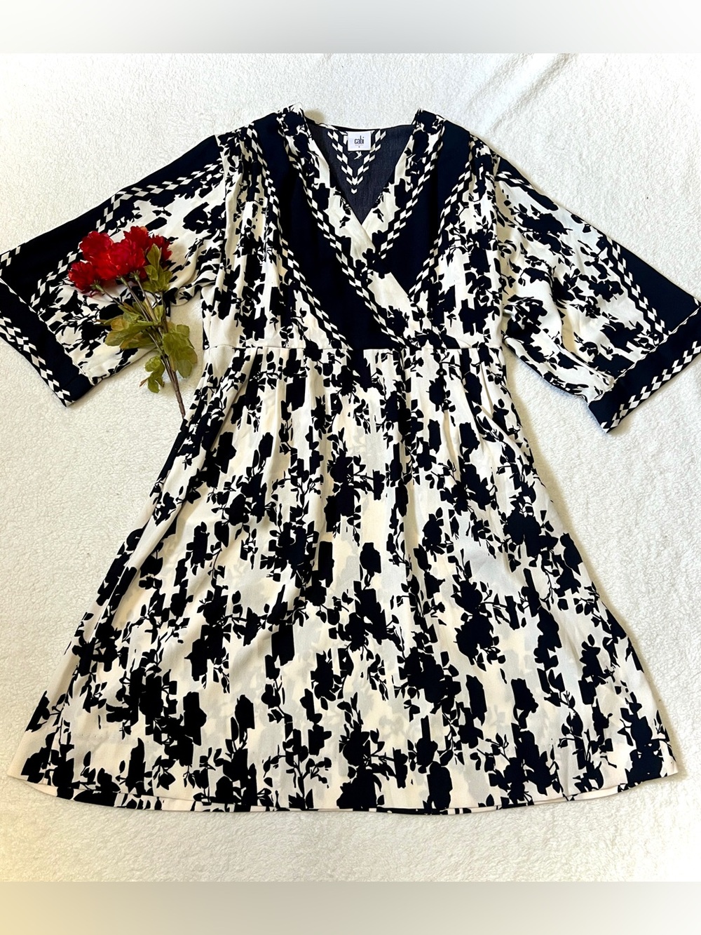 CAbi X-Factor Black and White Floral Wrap Dress - Small